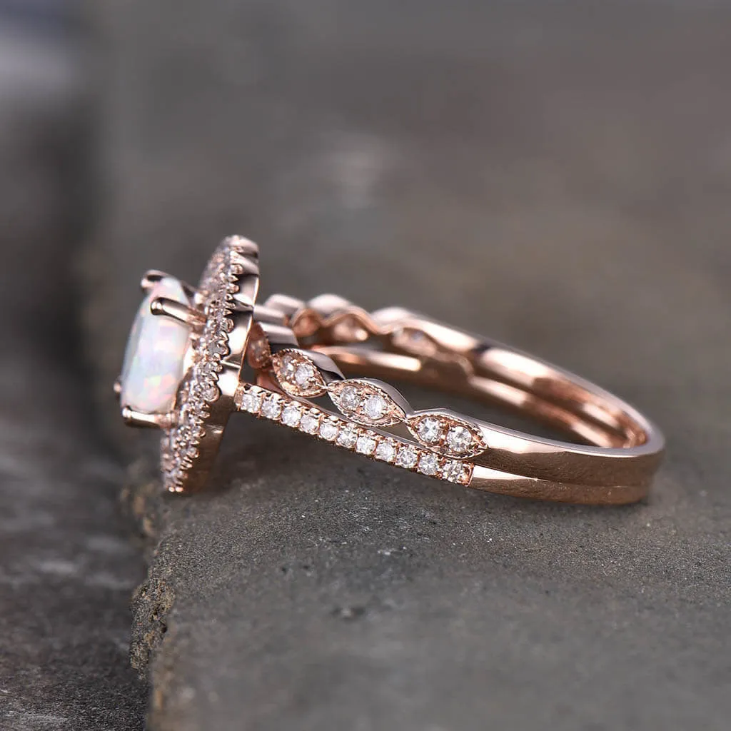 Female Opal Engagement Ring Bridal Set Rose Gold Filigree Milgrain Antique