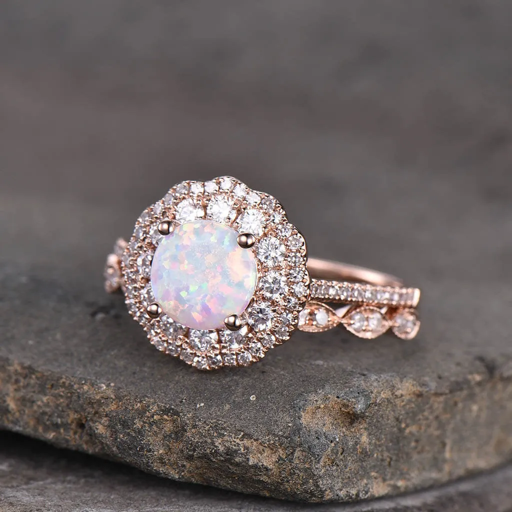 Female Opal Engagement Ring Bridal Set Rose Gold Filigree Milgrain Antique