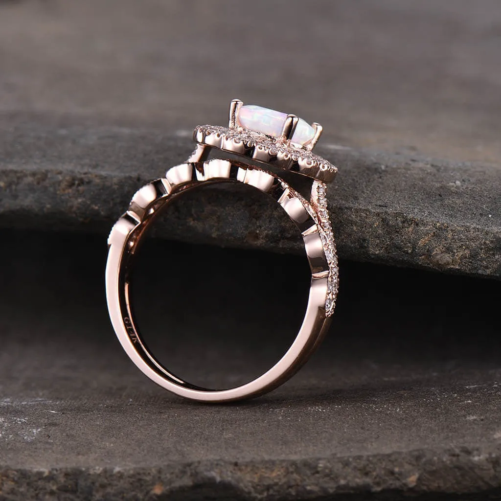 Female Opal Engagement Ring Bridal Set Rose Gold Filigree Milgrain Antique