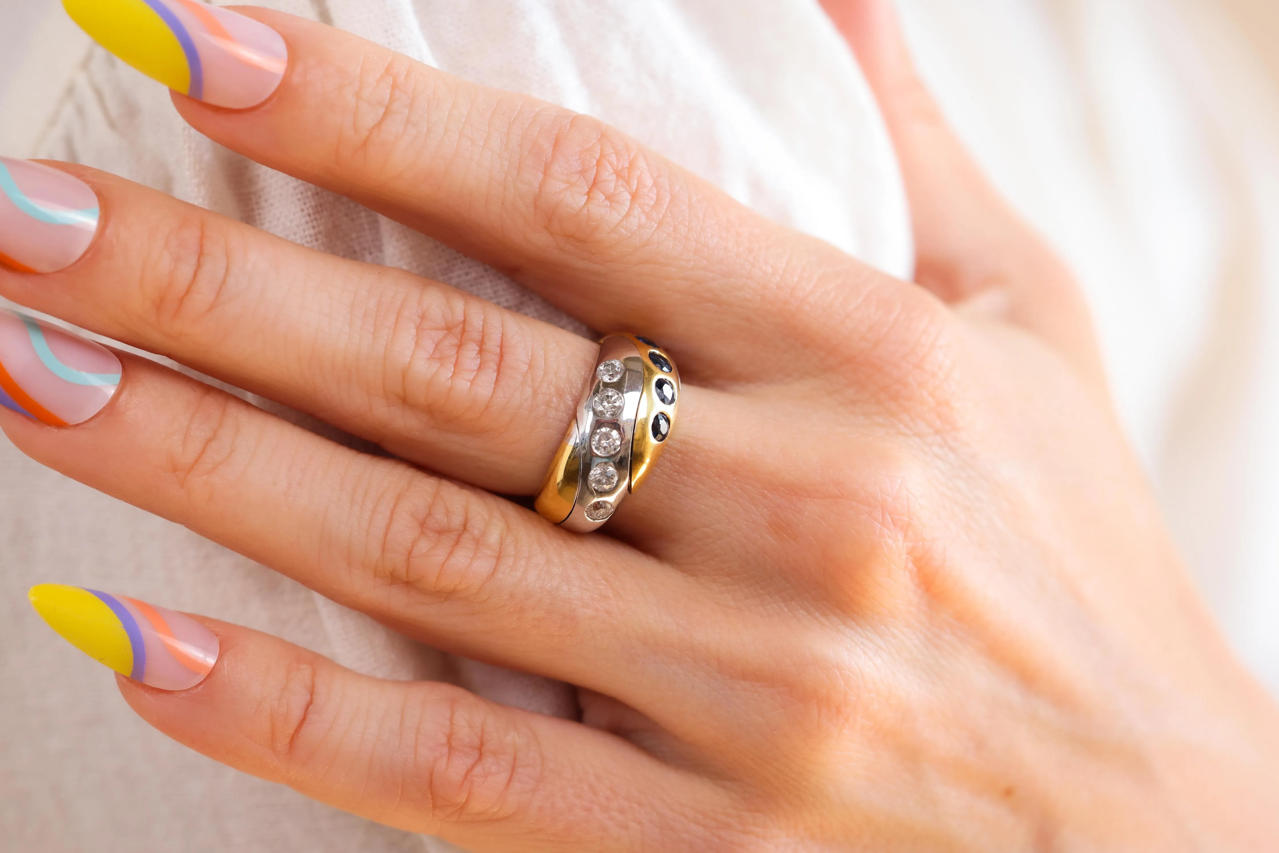 French Diamond Sapphire Two-Tone Gold Band