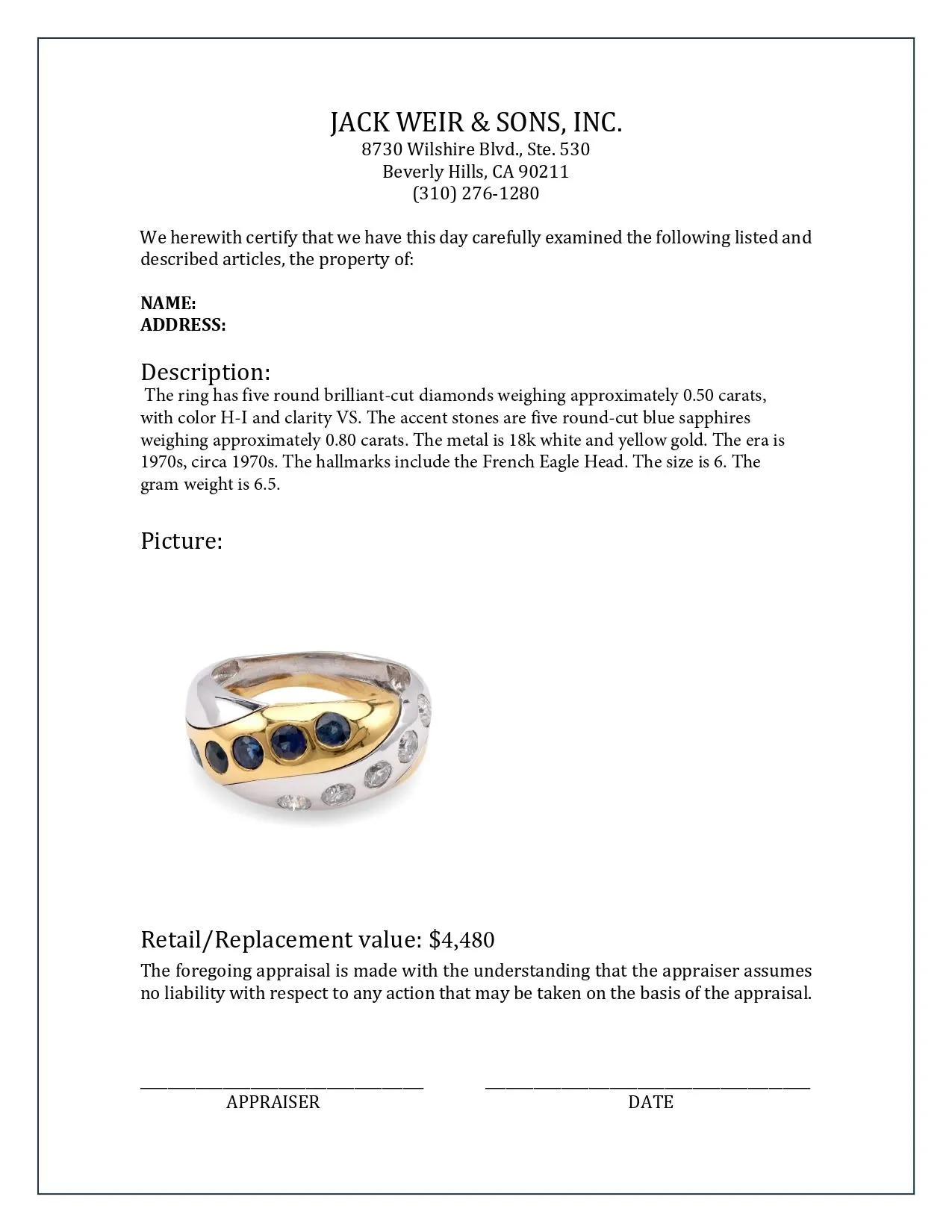 French Diamond Sapphire Two-Tone Gold Band