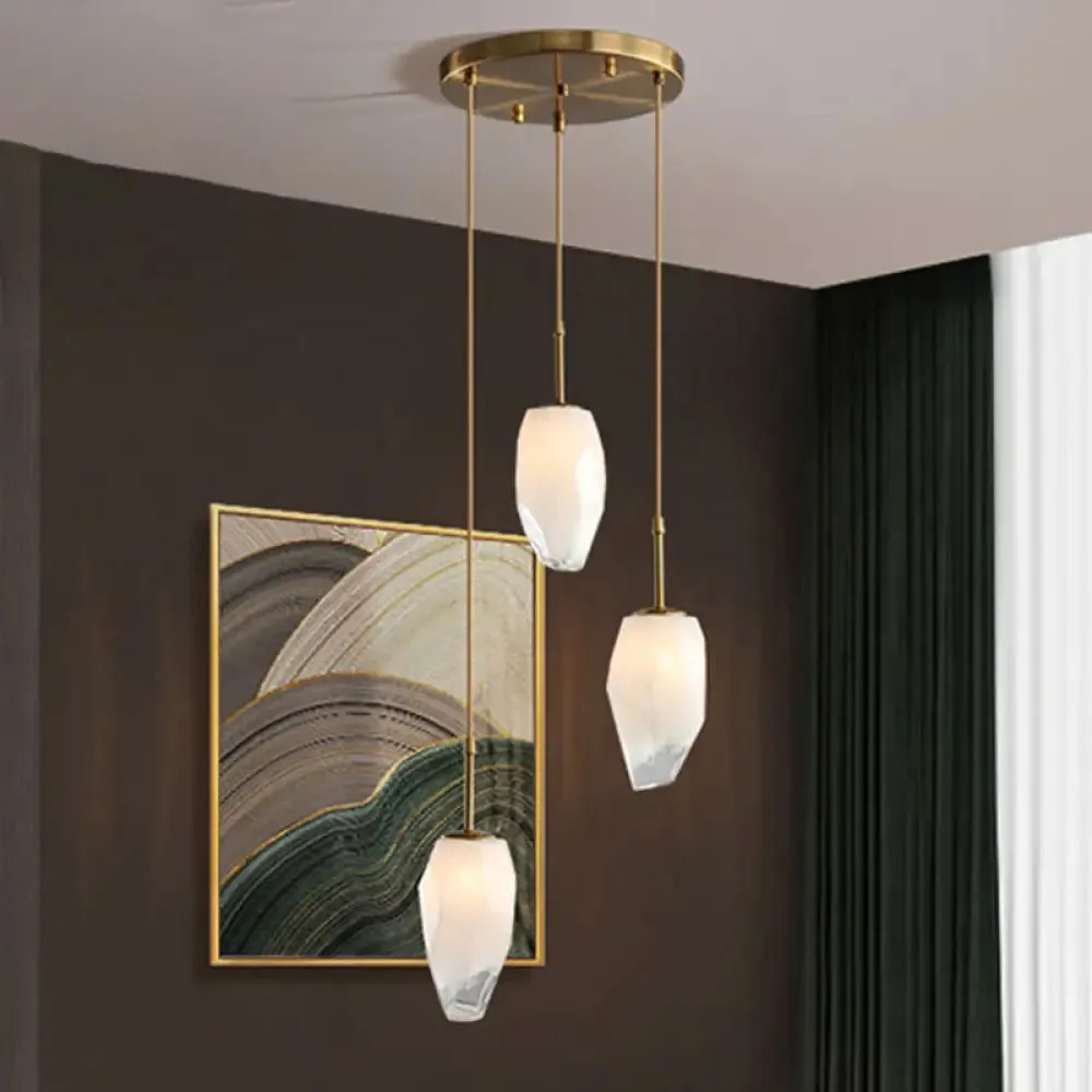 Gold Crystal Pendant Light with 3 Minimalist Downlights and Linear/Round Canopy