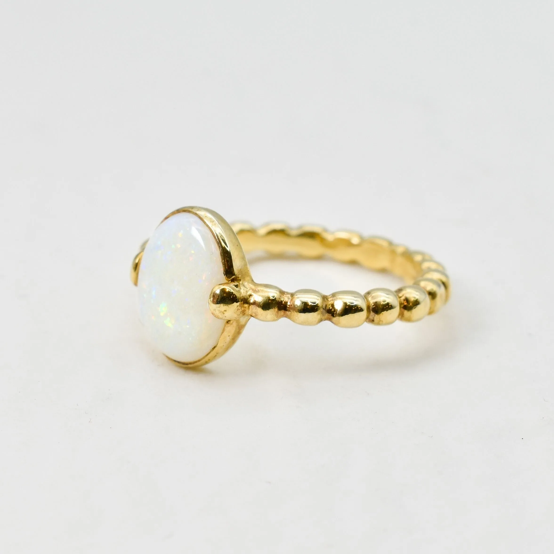 Gold Opal Ring - White Oval Ring - Vintage Bezel Ring