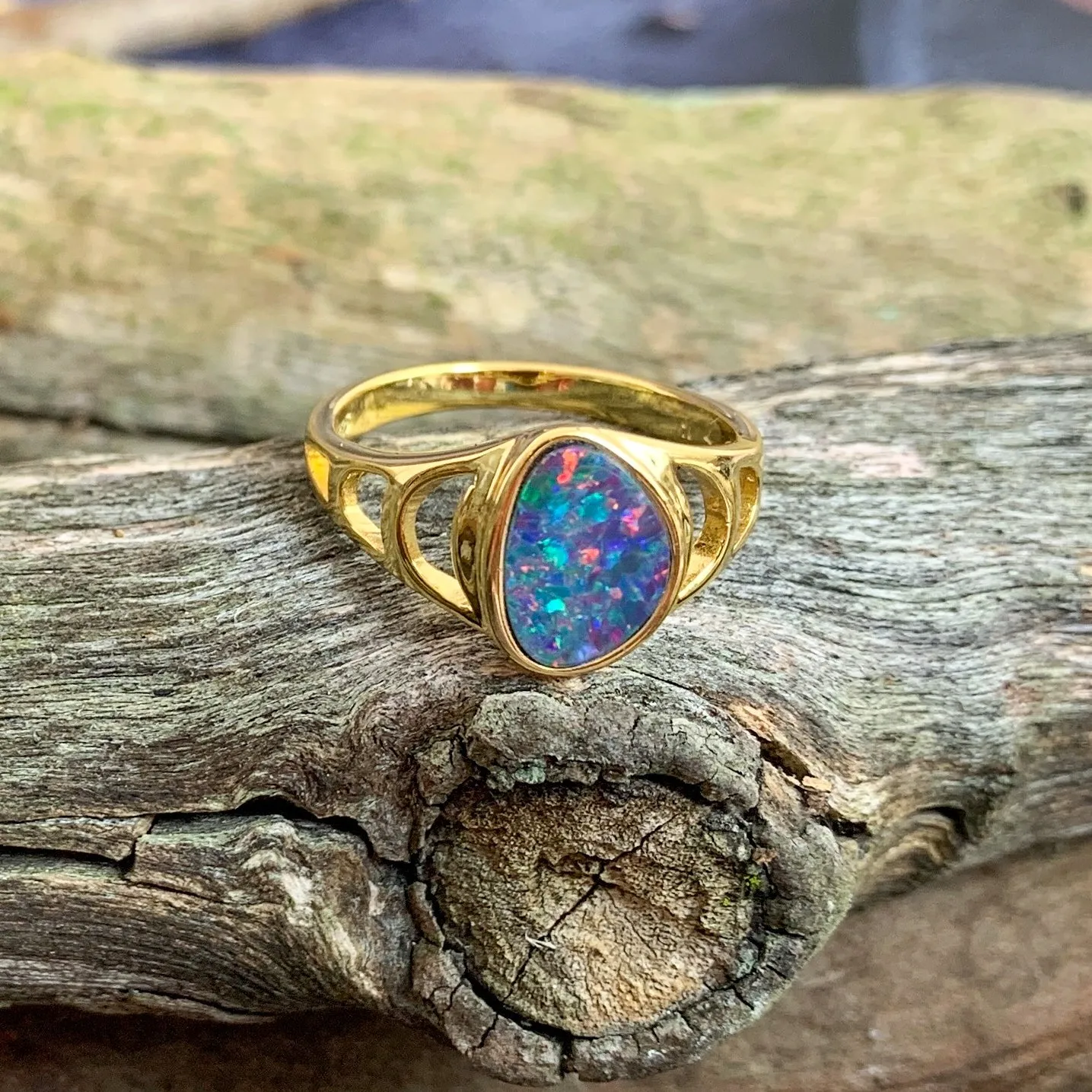 Gold Plated Silver Opal doublet freeform patterned ring