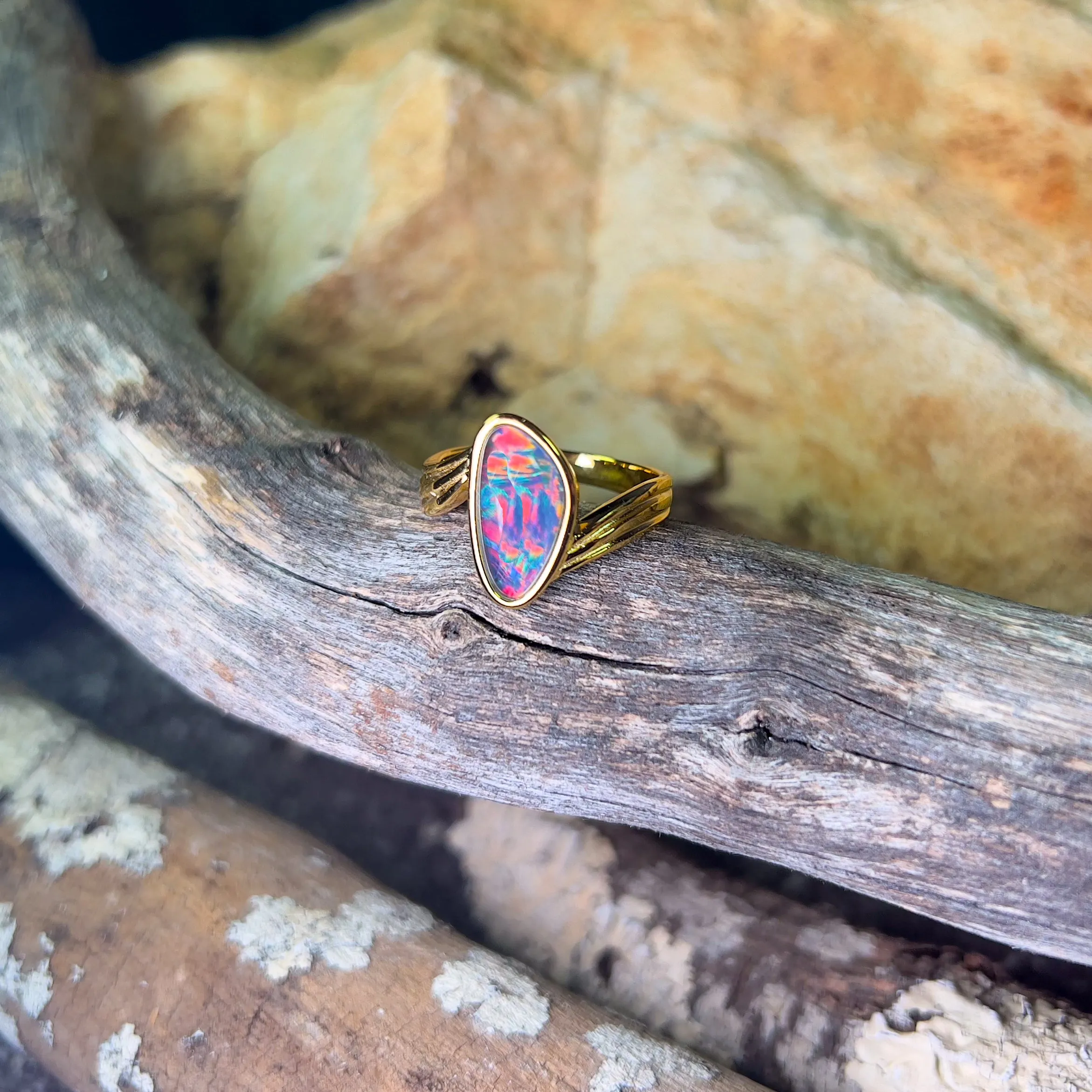 Gold Plated Sterling Silver cross over style Opal triplet ring