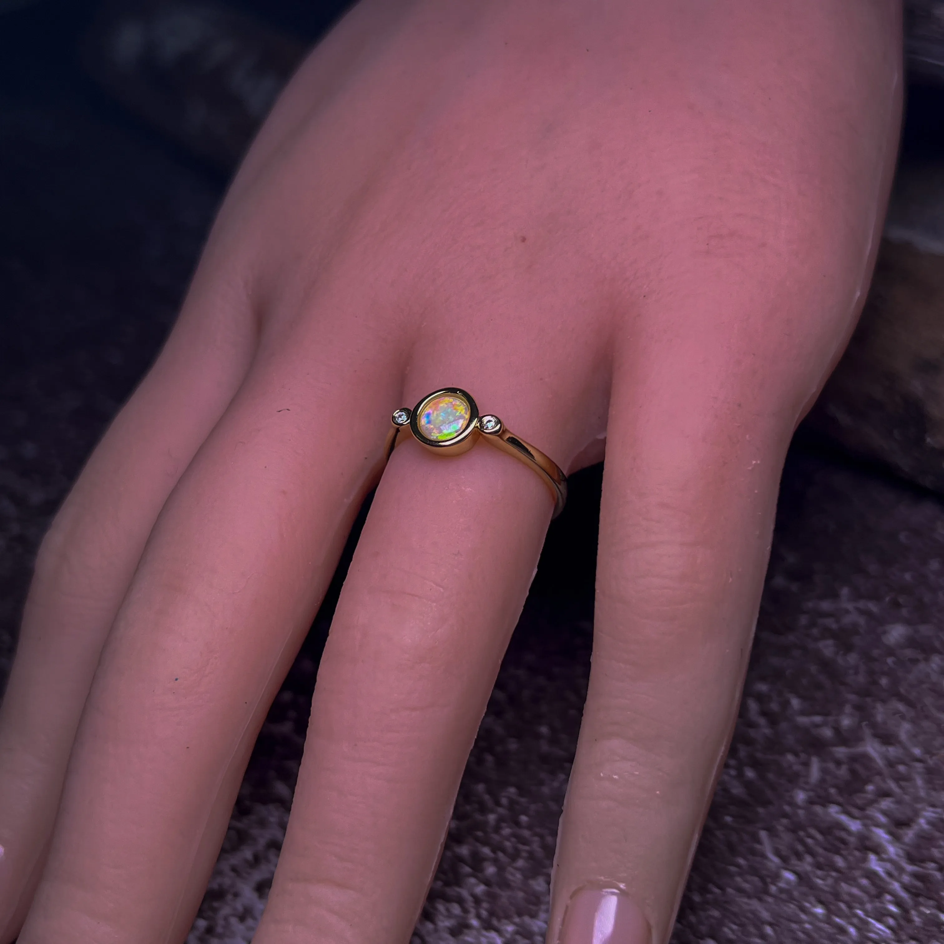 Gold Plated Sterling Silver White Opal 6mm round and two cubic zirconia ring