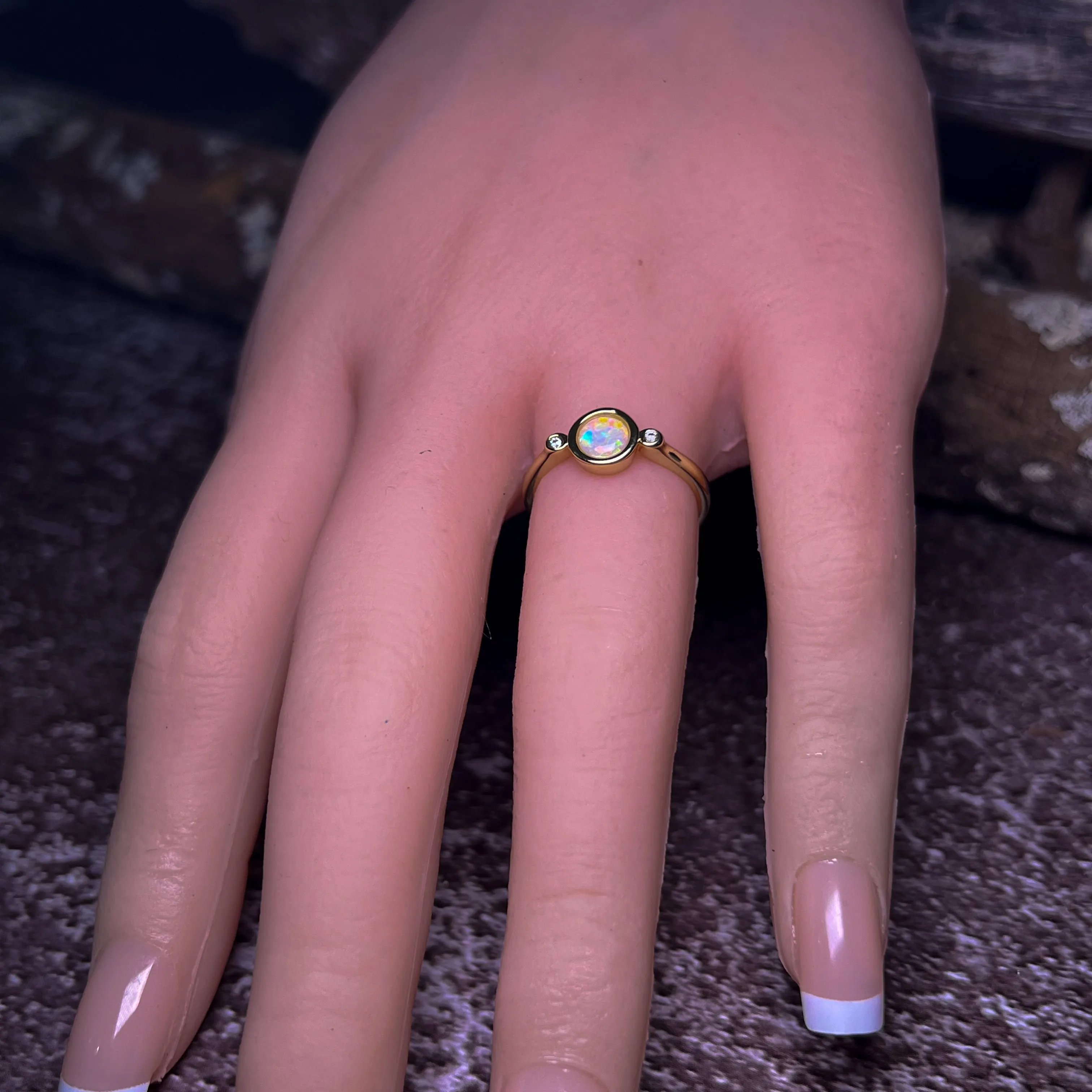 Gold Plated Sterling Silver White Opal 6mm round and two cubic zirconia ring