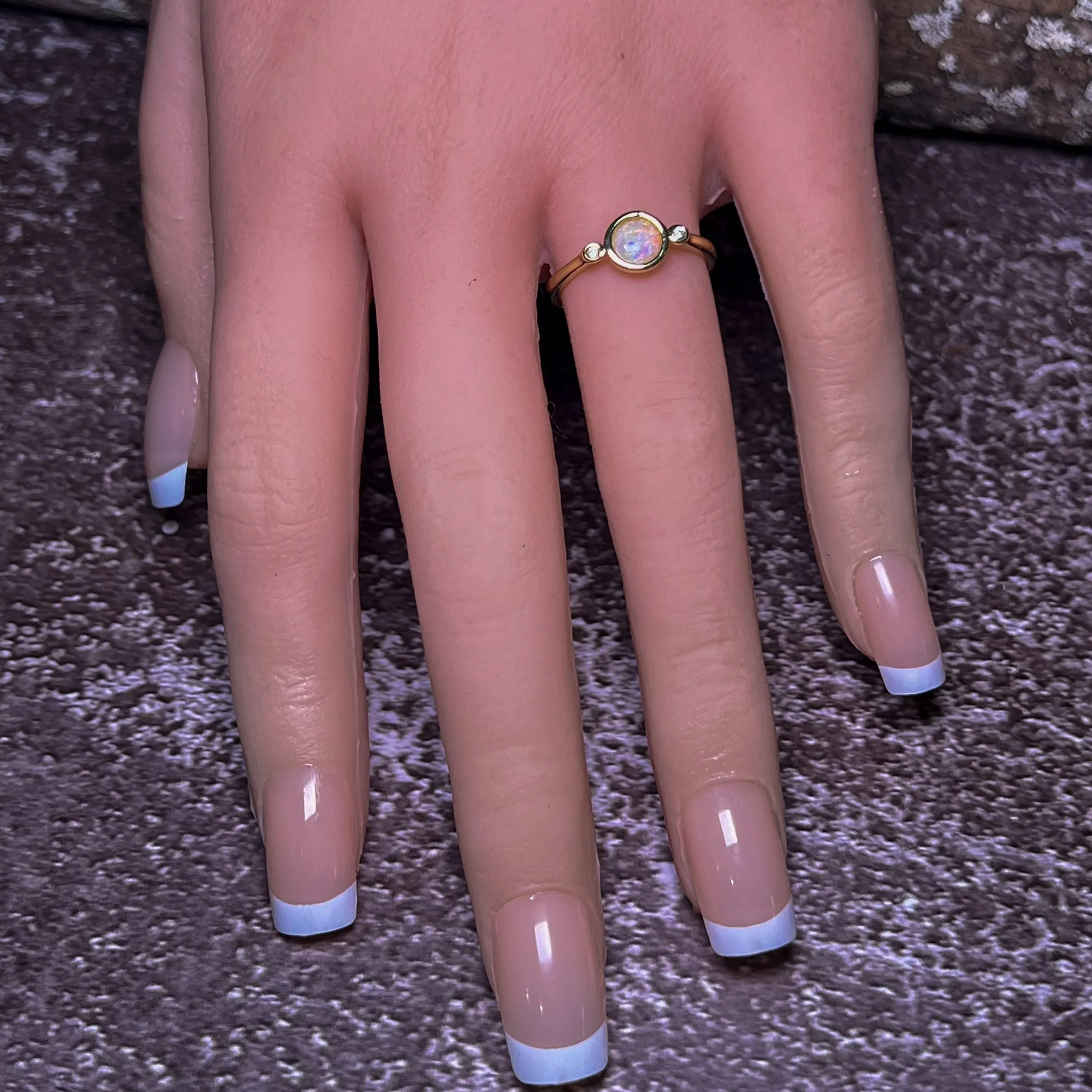 Gold Plated Sterling Silver White Opal 6mm round and two cubic zirconia ring