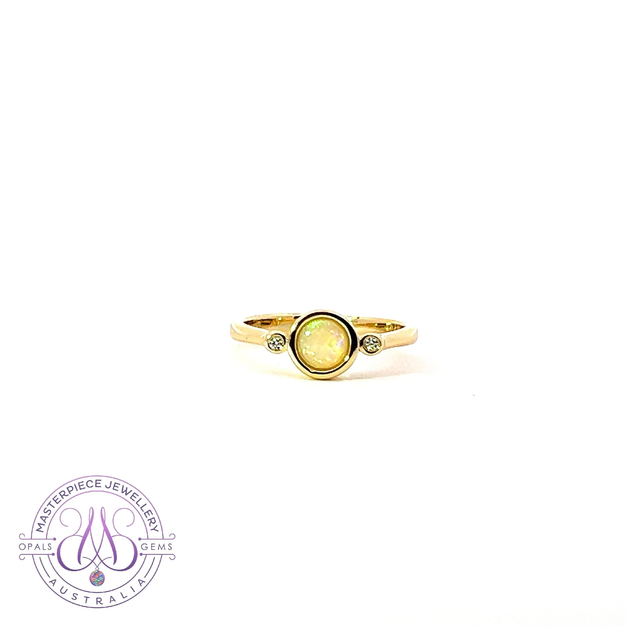 Gold Plated Sterling Silver White Opal 6mm round and two cubic zirconia ring