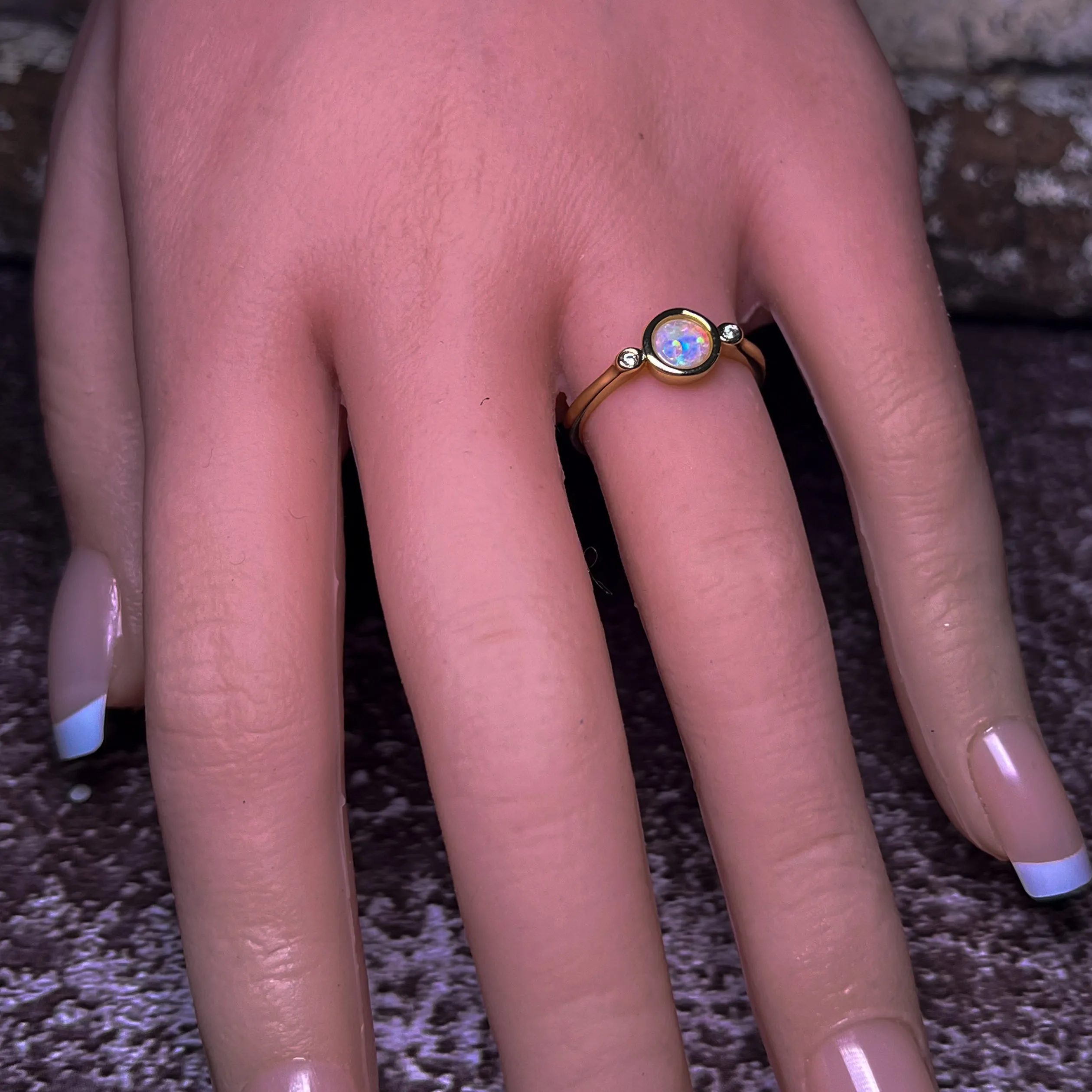 Gold Plated Sterling Silver White Opal 6mm round and two cubic zirconia ring