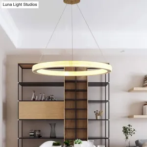 Gold Ring Suspension Light - Modern LED Acrylic Pendant Lamp, White/Warm Light, 19"/25.5" Dia