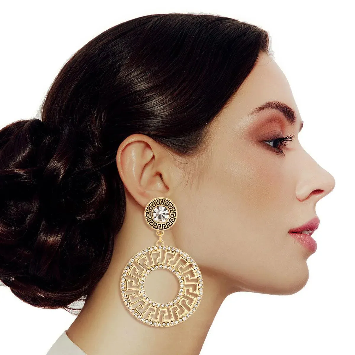 Greek Key Round Gold Tone Sparkle Drop Earrings