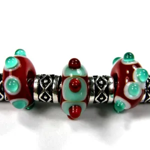 Handmade Large Hole Lampwork Beads, Christmas Holiday Bead Set, Red Green White
