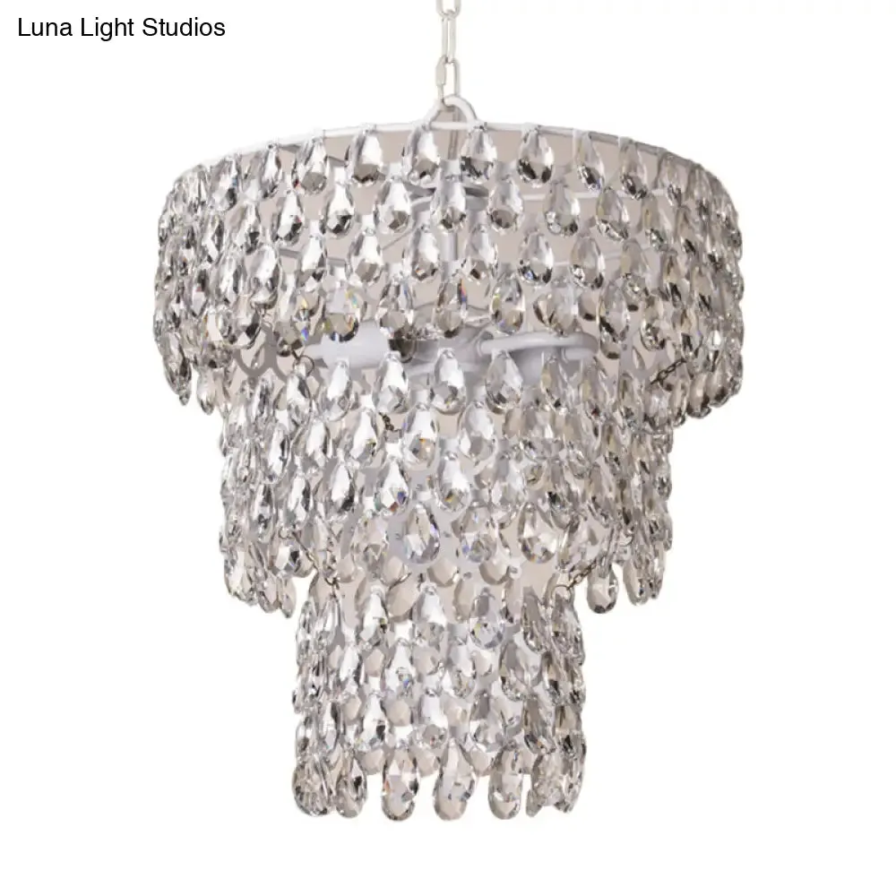 Hanging Pendant Light - Minimalist Tiered Round Crystal Suspension Lighting with Clear Embedded Crystals