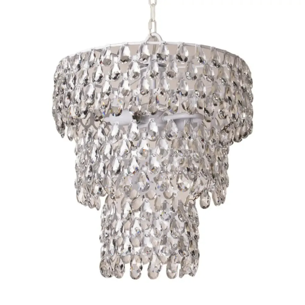 Hanging Pendant Light - Minimalist Tiered Round Crystal Suspension Lighting with Clear Embedded Crystals