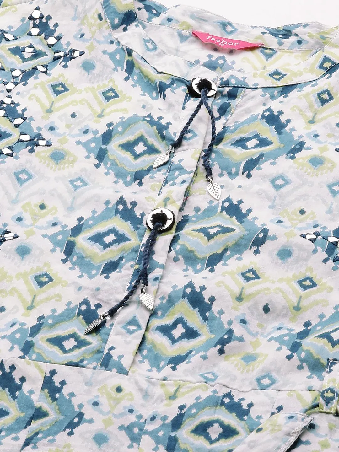 Ikat Printed Paneled Flare Maxi Dress with Fabric Belt - White