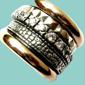Israeli meditation ring israeli jewelry spinner sterling silver gold & CZ zircons / garnets / opals.