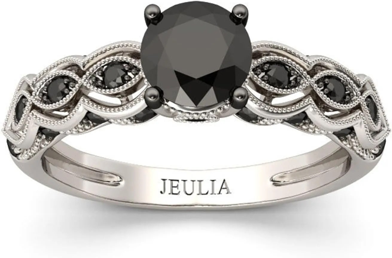 Jeulia 2 Carat Vintage Milgrain Engagement Ring Women 925 Sterling Silver Black Diamond Wedding Rings Round Cut CZ Cubic Zirconia Eternity Rings with 0.46 Ct White Diamond Valentine Gift