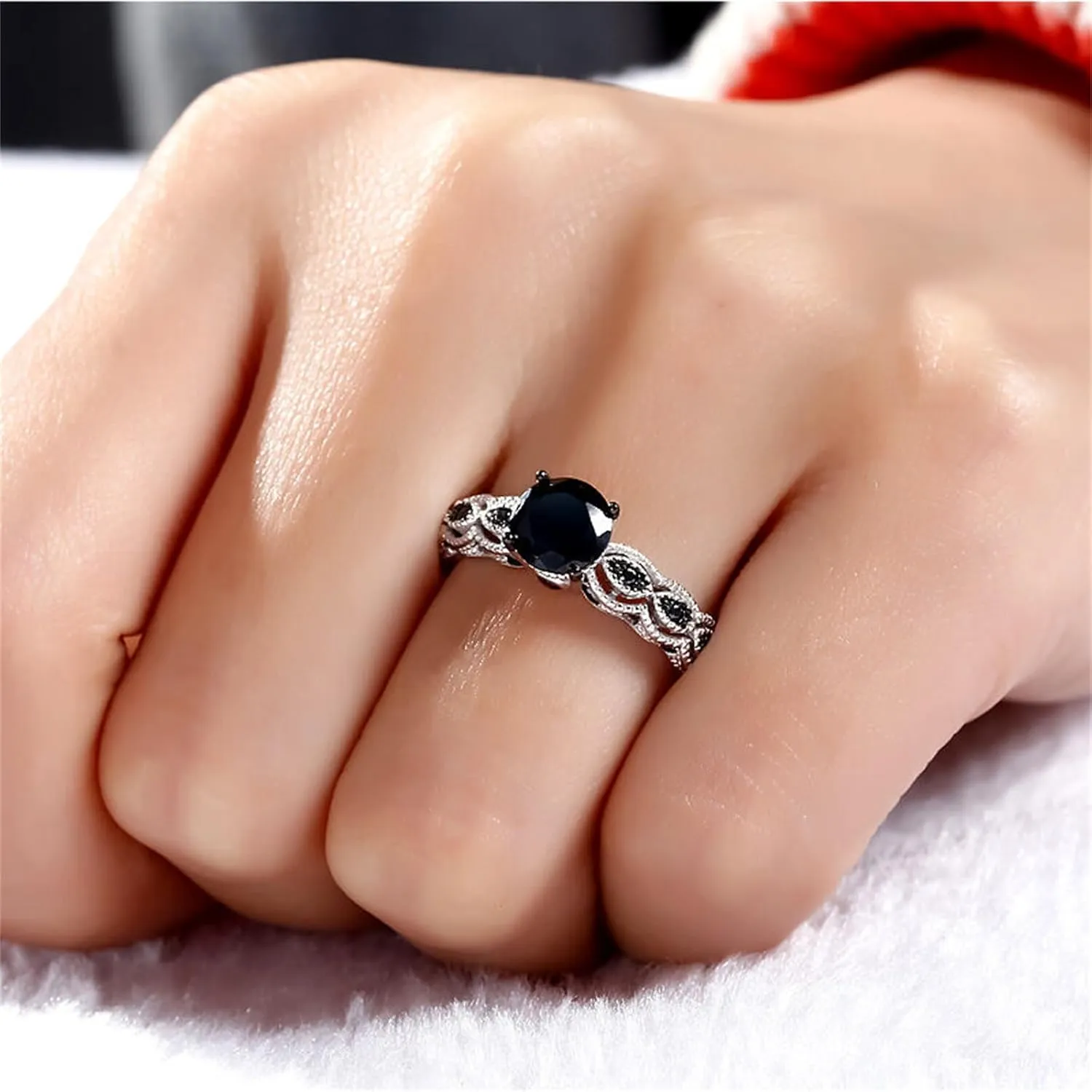 Jeulia 2 Carat Vintage Milgrain Engagement Ring Women 925 Sterling Silver Black Diamond Wedding Rings Round Cut CZ Cubic Zirconia Eternity Rings with 0.46 Ct White Diamond Valentine Gift