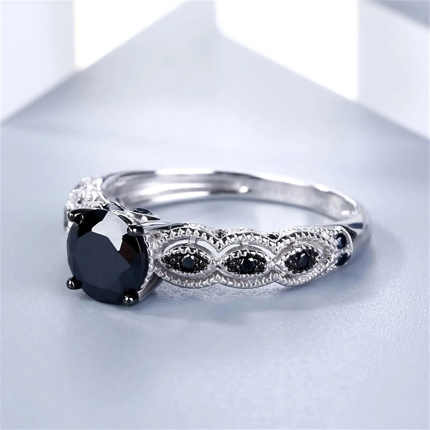 Jeulia 2 Carat Vintage Milgrain Engagement Ring Women 925 Sterling Silver Black Diamond Wedding Rings Round Cut CZ Cubic Zirconia Eternity Rings with 0.46 Ct White Diamond Valentine Gift