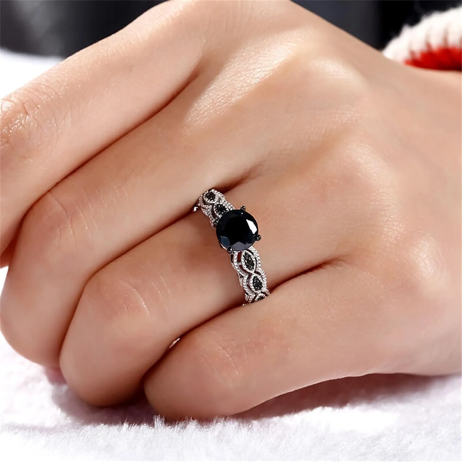 Jeulia 2 Carat Vintage Milgrain Engagement Ring Women 925 Sterling Silver Black Diamond Wedding Rings Round Cut CZ Cubic Zirconia Eternity Rings with 0.46 Ct White Diamond Valentine Gift