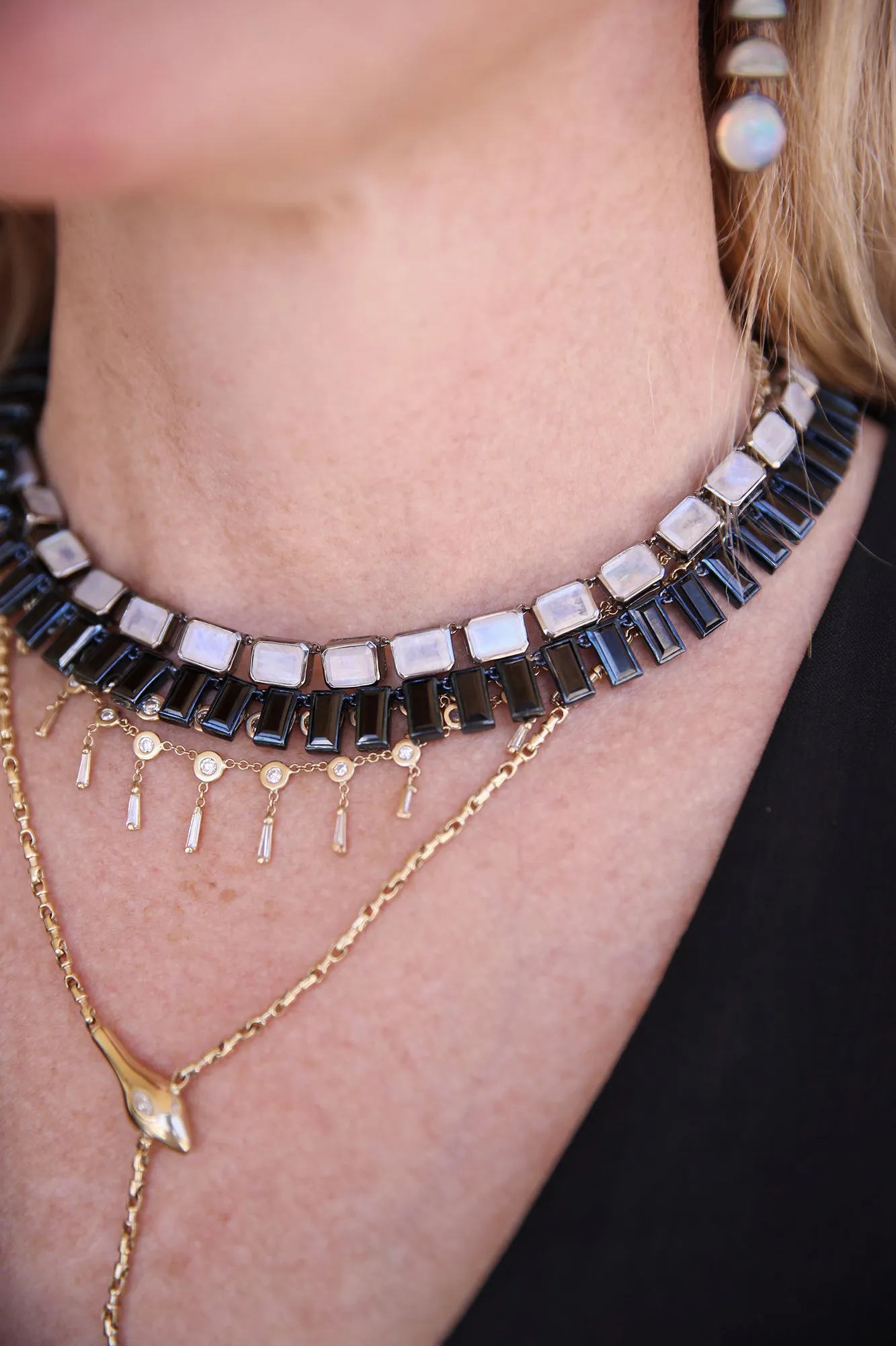 Large Deco Tile Rivière Necklace Rainbow Moonstone