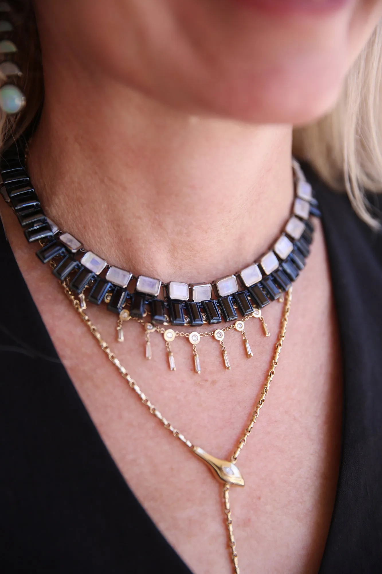 Large Deco Tile Rivière Necklace Rainbow Moonstone