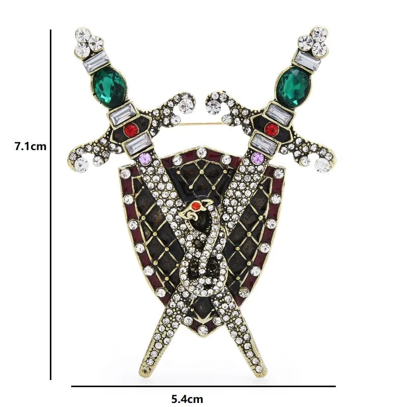 Luxury Sword Shield Brooch Pins Women and Men Big Snake Badge Vintage Jewelry Gift