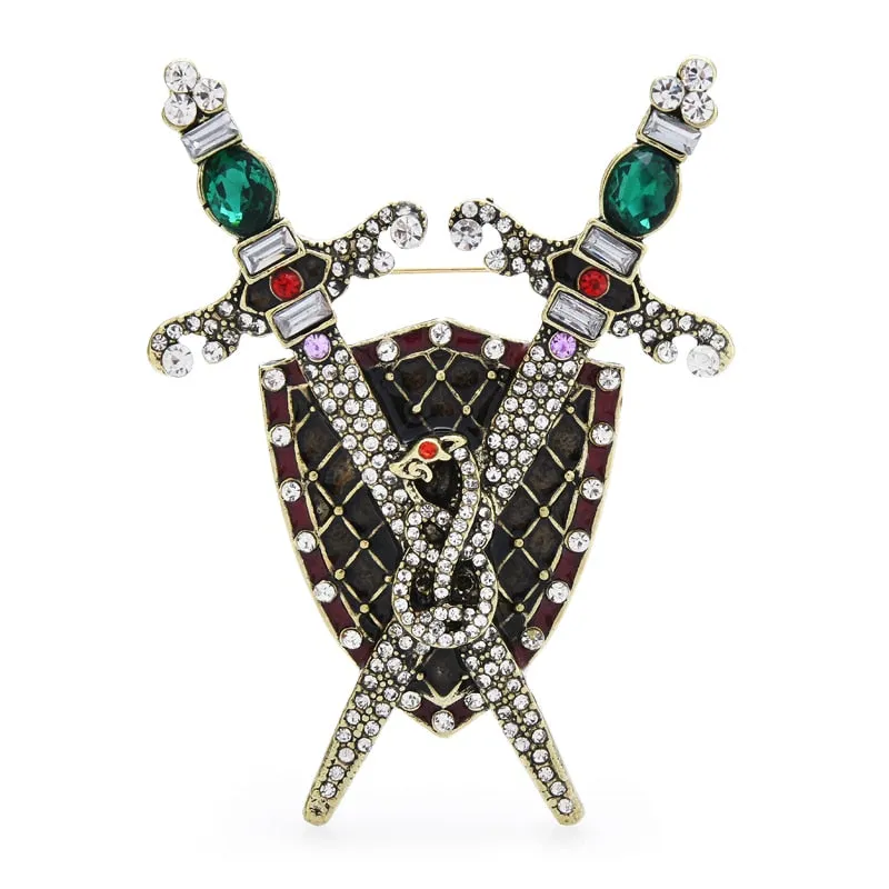 Luxury Sword Shield Brooch Pins Women and Men Big Snake Badge Vintage Jewelry Gift