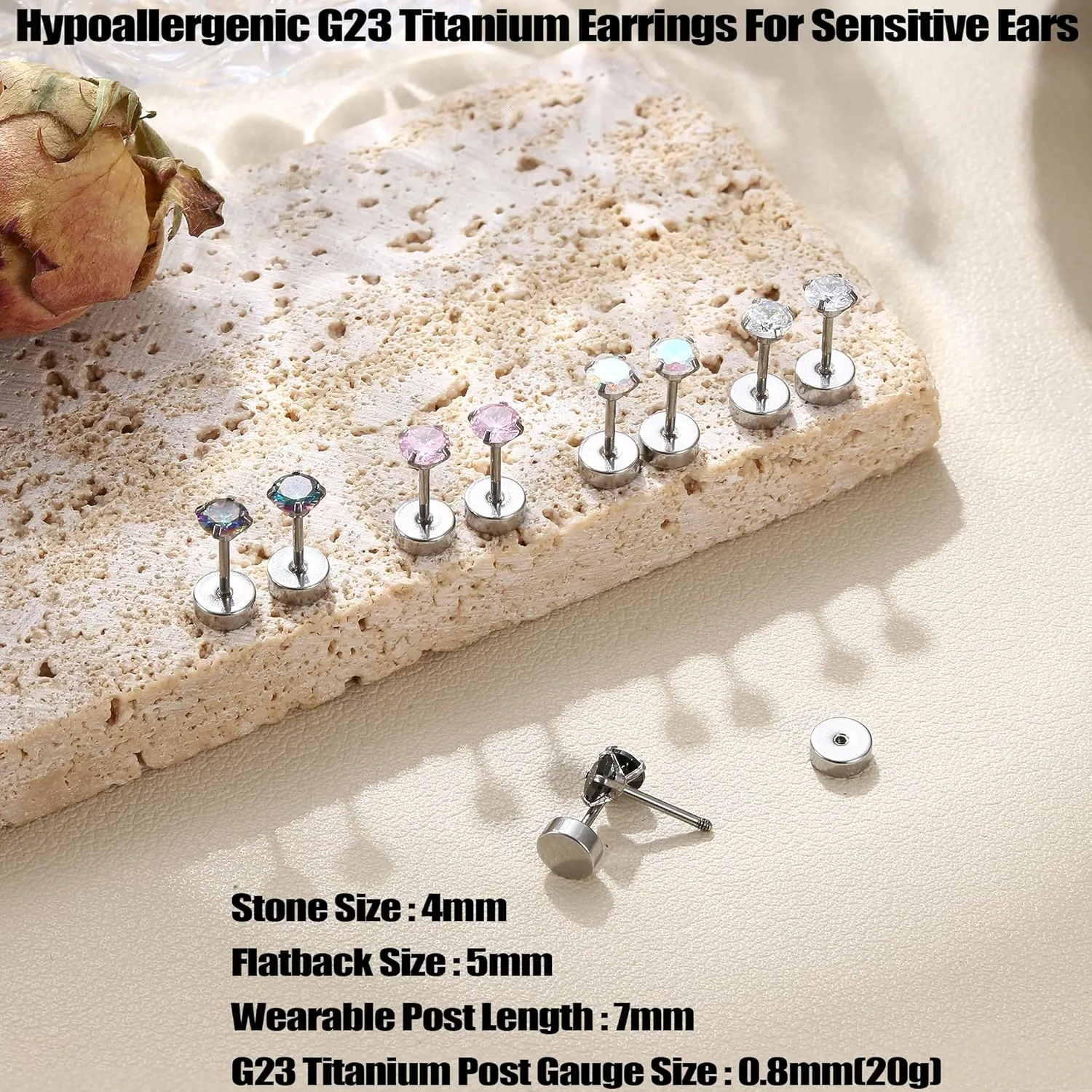 MILACOLATO 5 Pairs Titanium Earrings for Women Men G23 Pure Titanium Earrings for Sensitive Ears Cubic Zirconia Surgical Stainless Steel Flat Back Stud Earrings Hypoallergenic Piercing Sleeper Cartilage Screwback Studs