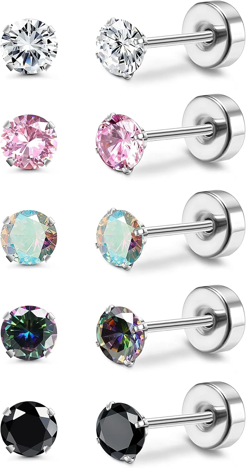 MILACOLATO 5 Pairs Titanium Earrings for Women Men G23 Pure Titanium Earrings for Sensitive Ears Cubic Zirconia Surgical Stainless Steel Flat Back Stud Earrings Hypoallergenic Piercing Sleeper Cartilage Screwback Studs