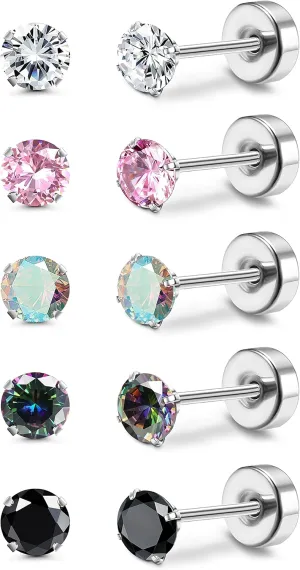 MILACOLATO 5 Pairs Titanium Earrings for Women Men G23 Pure Titanium Earrings for Sensitive Ears Cubic Zirconia Surgical Stainless Steel Flat Back Stud Earrings Hypoallergenic Piercing Sleeper Cartilage Screwback Studs