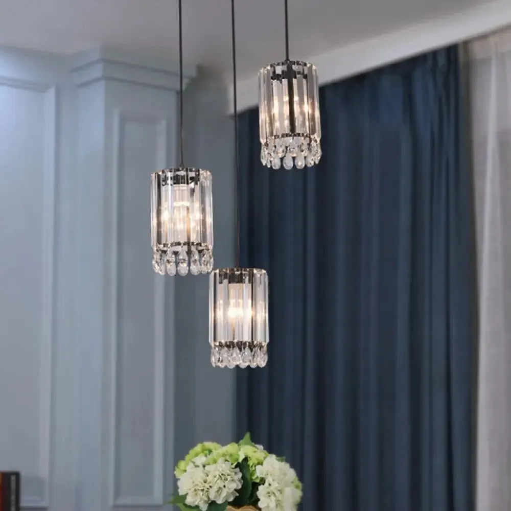 Minimalist Black Multi Pendant Light with Crystal Prisms, Cylinder Design, and 3 Heads - Available in 18" or 27" Width