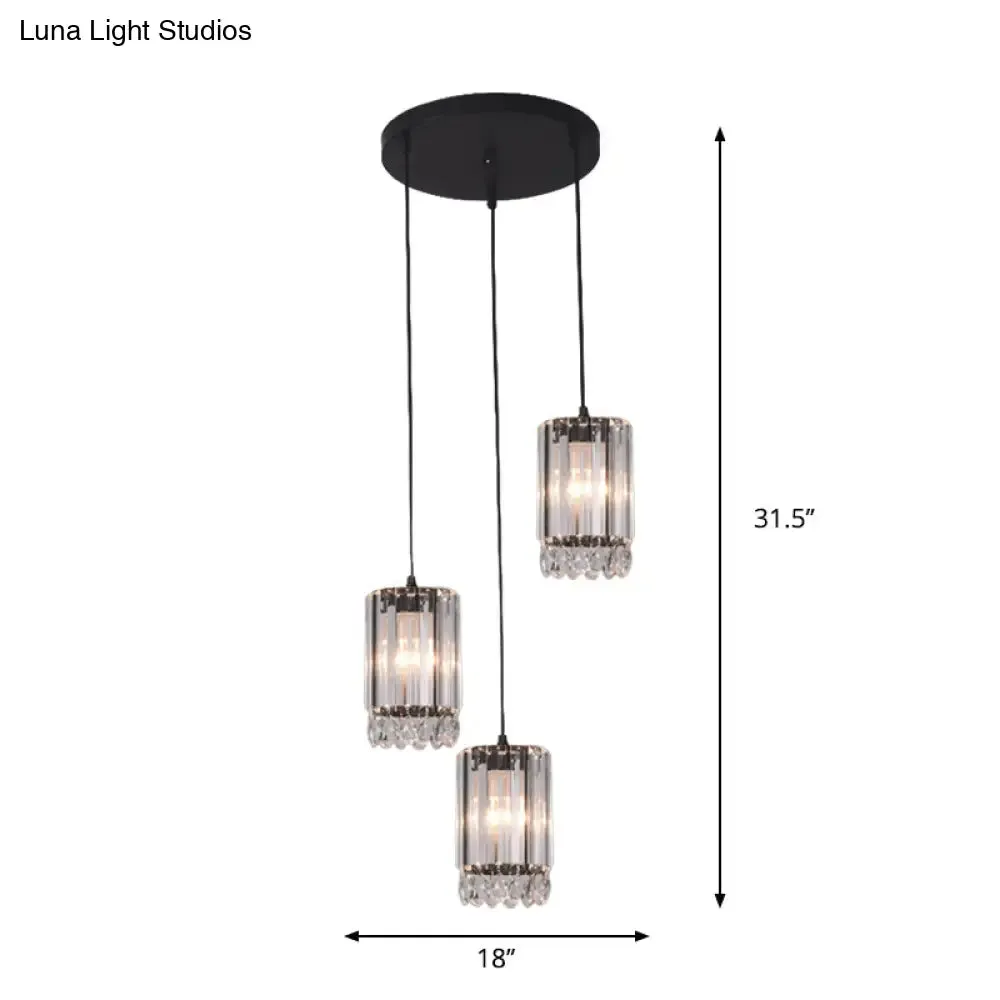 Minimalist Black Multi Pendant Light with Crystal Prisms, Cylinder Design, and 3 Heads - Available in 18" or 27" Width