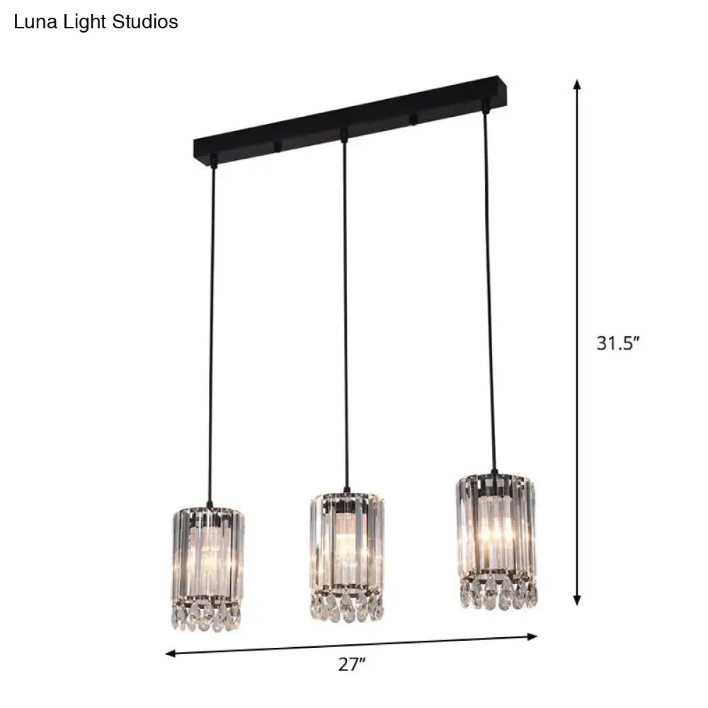 Minimalist Black Multi Pendant Light with Crystal Prisms, Cylinder Design, and 3 Heads - Available in 18" or 27" Width