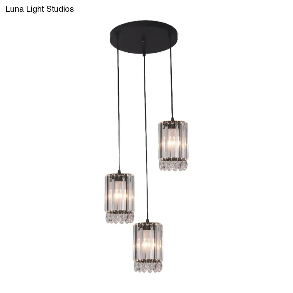 Minimalist Black Multi Pendant Light with Crystal Prisms, Cylinder Design, and 3 Heads - Available in 18" or 27" Width