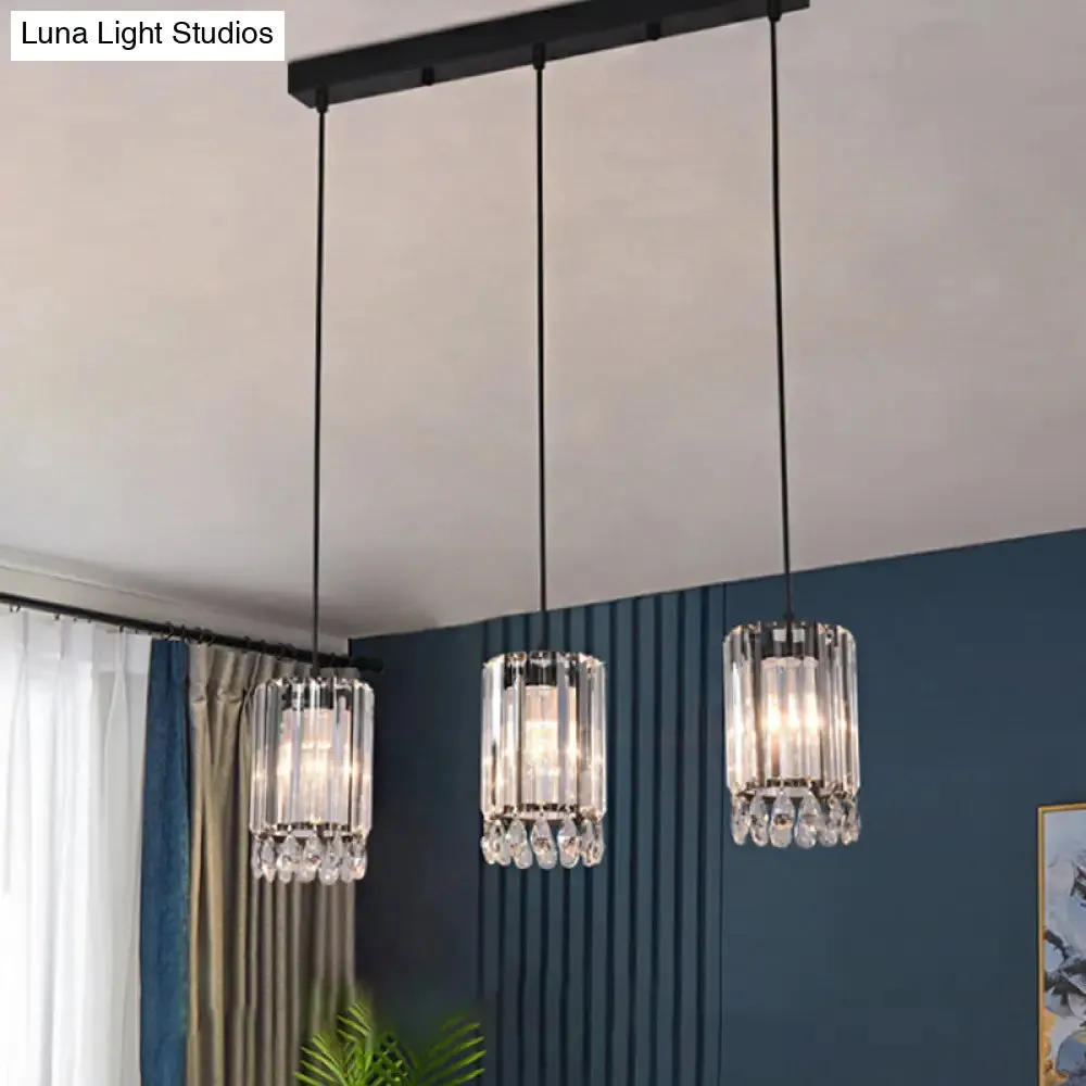 Minimalist Black Multi Pendant Light with Crystal Prisms, Cylinder Design, and 3 Heads - Available in 18" or 27" Width