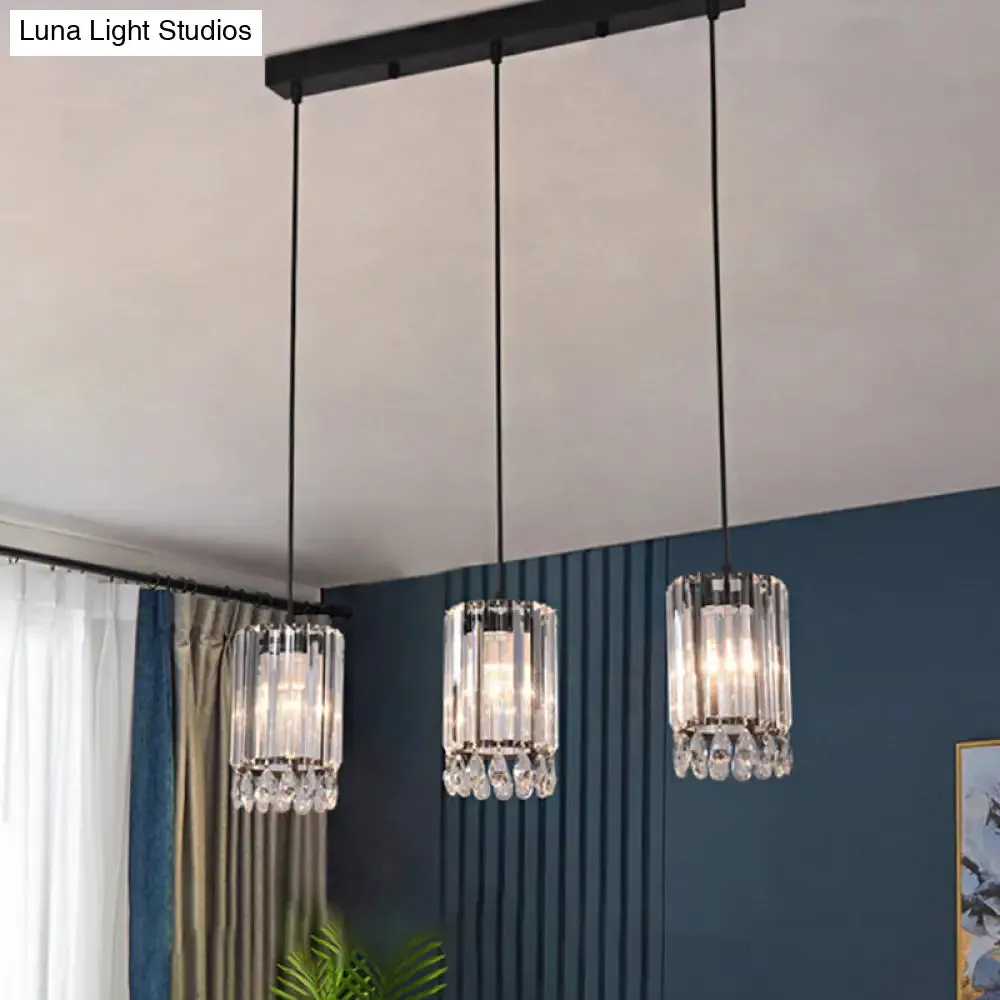 Minimalist Black Multi Pendant Light with Crystal Prisms, Cylinder Design, and 3 Heads - Available in 18" or 27" Width