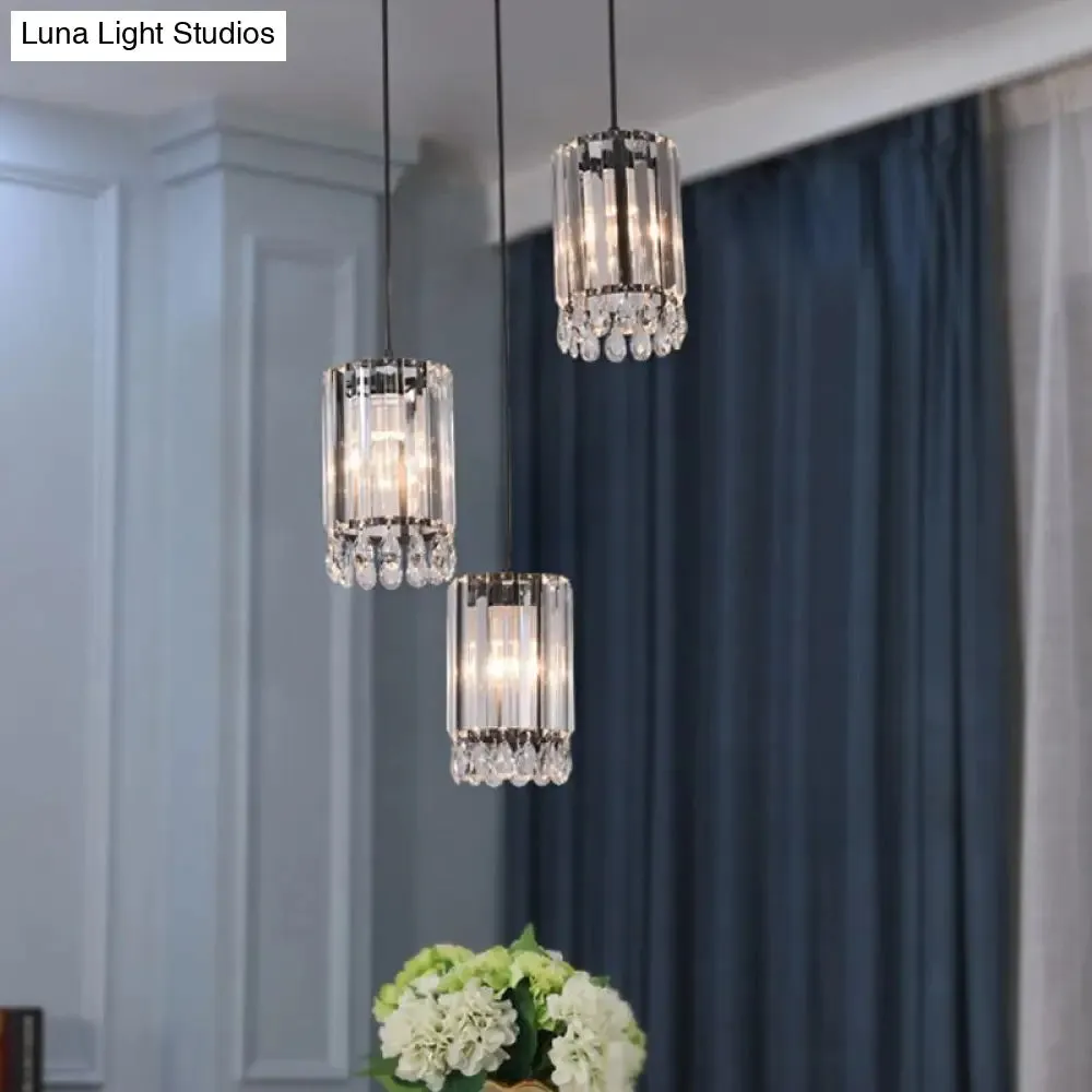 Minimalist Black Multi Pendant Light with Crystal Prisms, Cylinder Design, and 3 Heads - Available in 18" or 27" Width