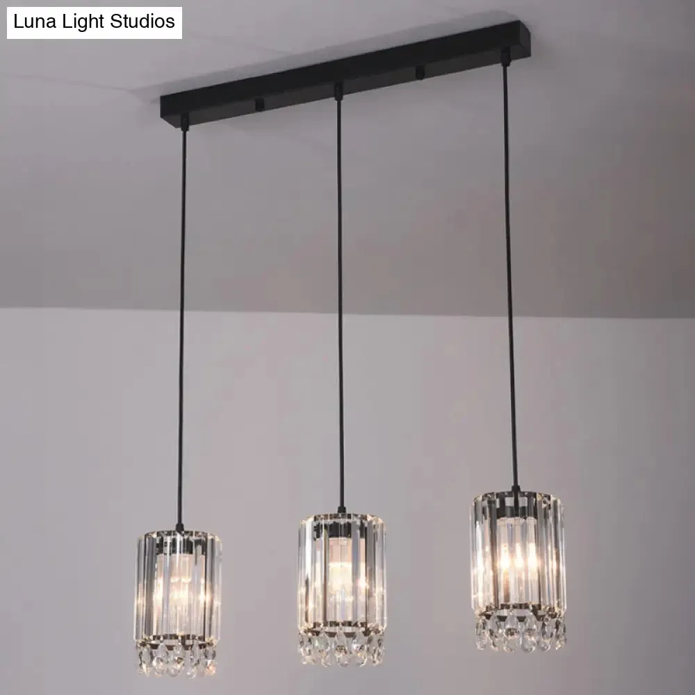 Minimalist Black Multi Pendant Light with Crystal Prisms, Cylinder Design, and 3 Heads - Available in 18" or 27" Width