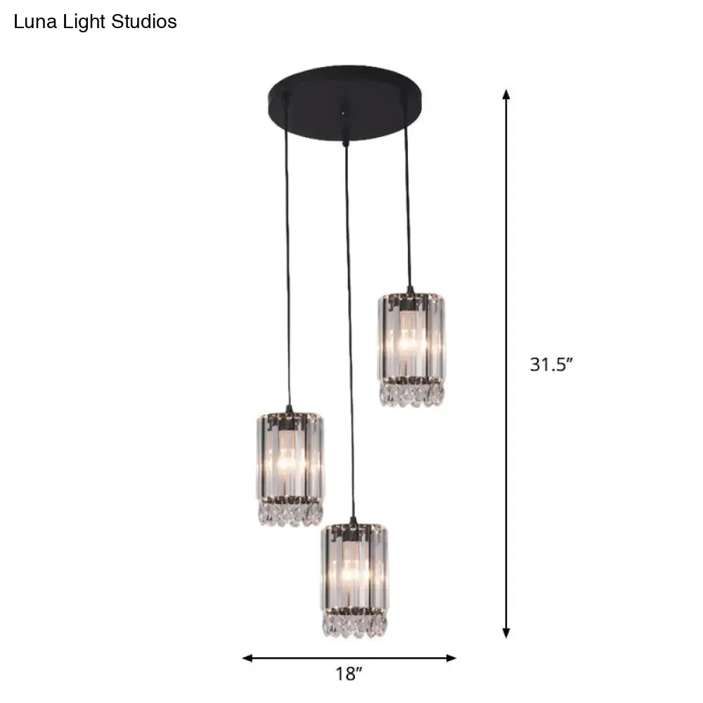 Minimalist Black Multi Pendant Light with Crystal Prisms, Cylinder Design, and 3 Heads - Available in 18" or 27" Width
