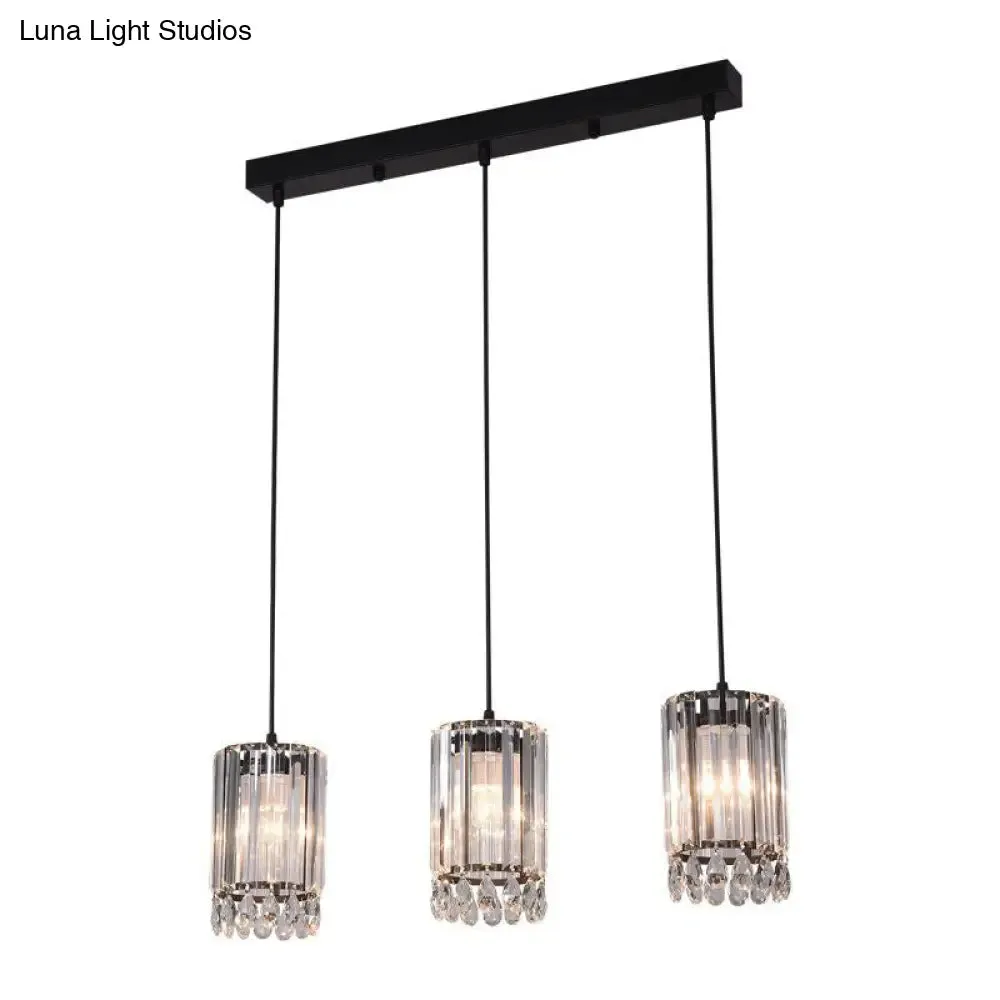 Minimalist Black Multi Pendant Light with Crystal Prisms, Cylinder Design, and 3 Heads - Available in 18" or 27" Width