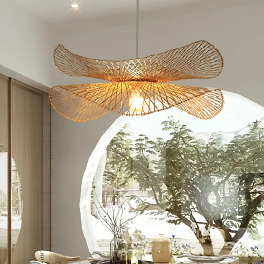 Minimalist Wooden Pendant Lamp with Bamboo Ruffle Shade for Hallways