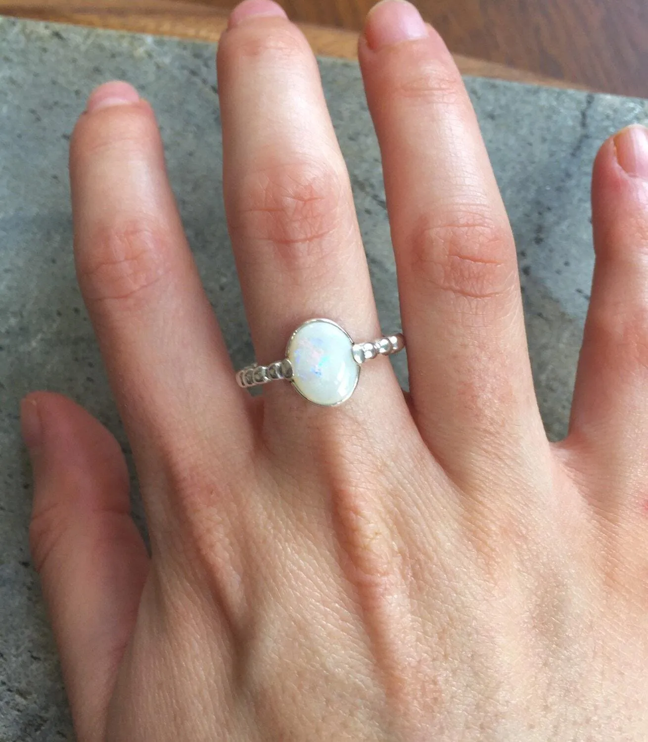Natural Opal Ring - White Vintage Ring - Silver Bubble Band