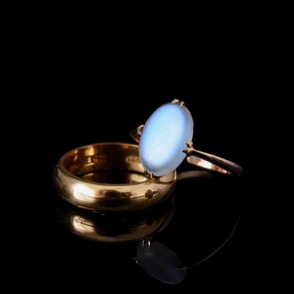 Natural Oval Cut Rainbow Moonstone Solitaire Edwardian Vintage Ring - 14k Rose Gold Vermeil Rings