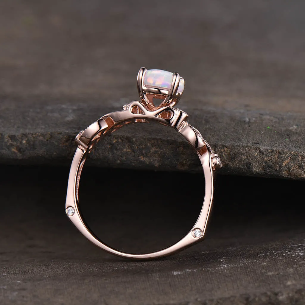 Opal Engagement Ring 14k 18k Rose Gold Round Cut Antique Art Deco Wedding Ring Milgrain Anniversary Gift Women Set