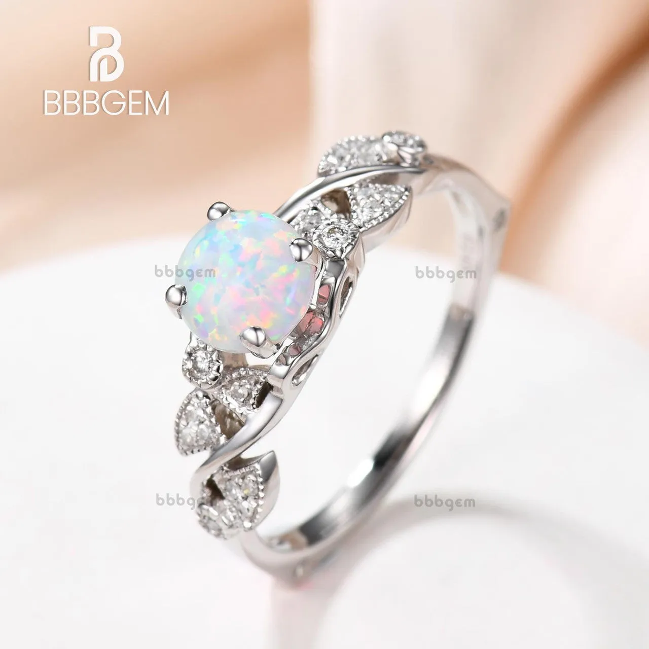 Opal Engagement Ring 14k 18k Rose Gold Round Cut Antique Art Deco Wedding Ring Milgrain Anniversary Gift Women Set