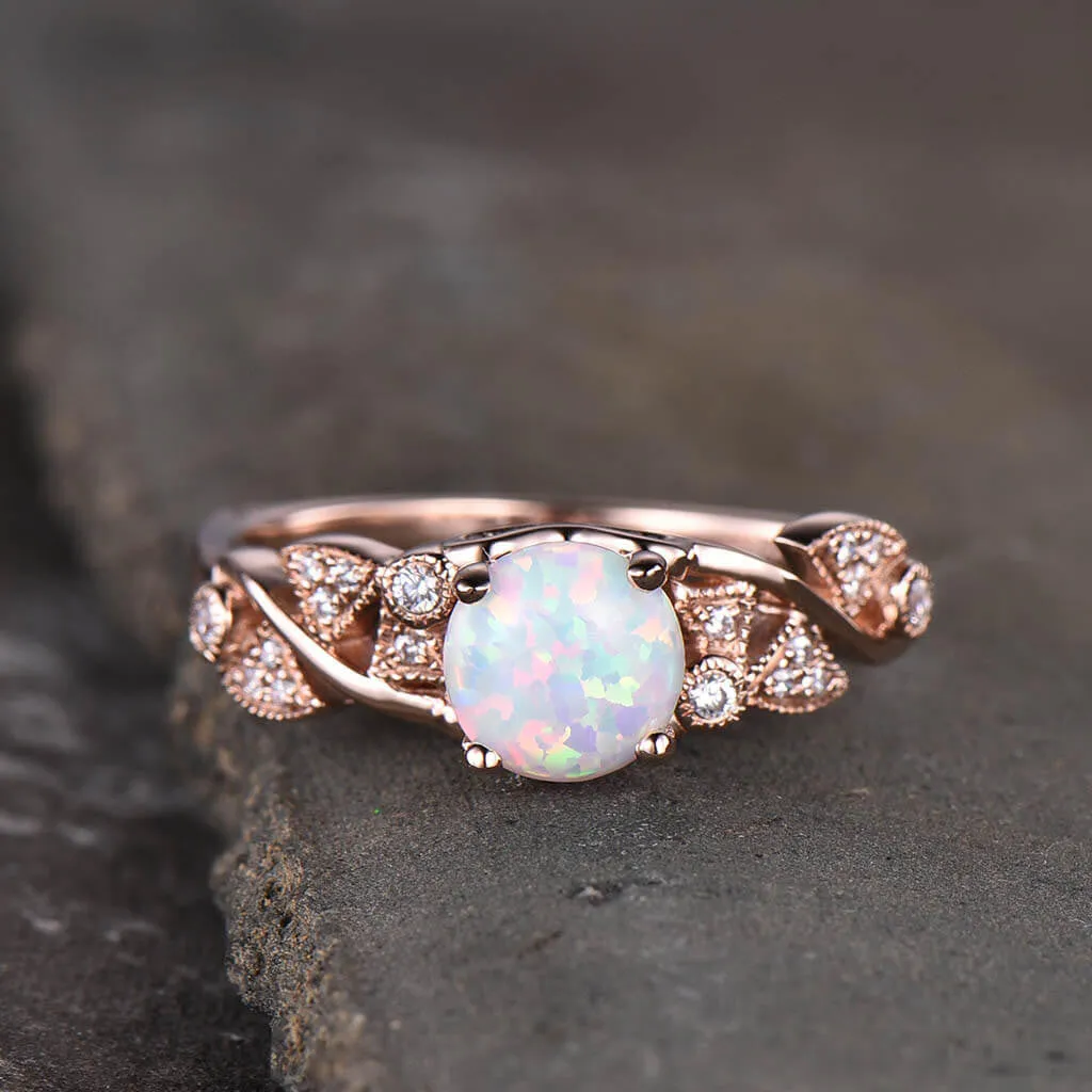 Opal Engagement Ring 14k 18k Rose Gold Round Cut Antique Art Deco Wedding Ring Milgrain Anniversary Gift Women Set
