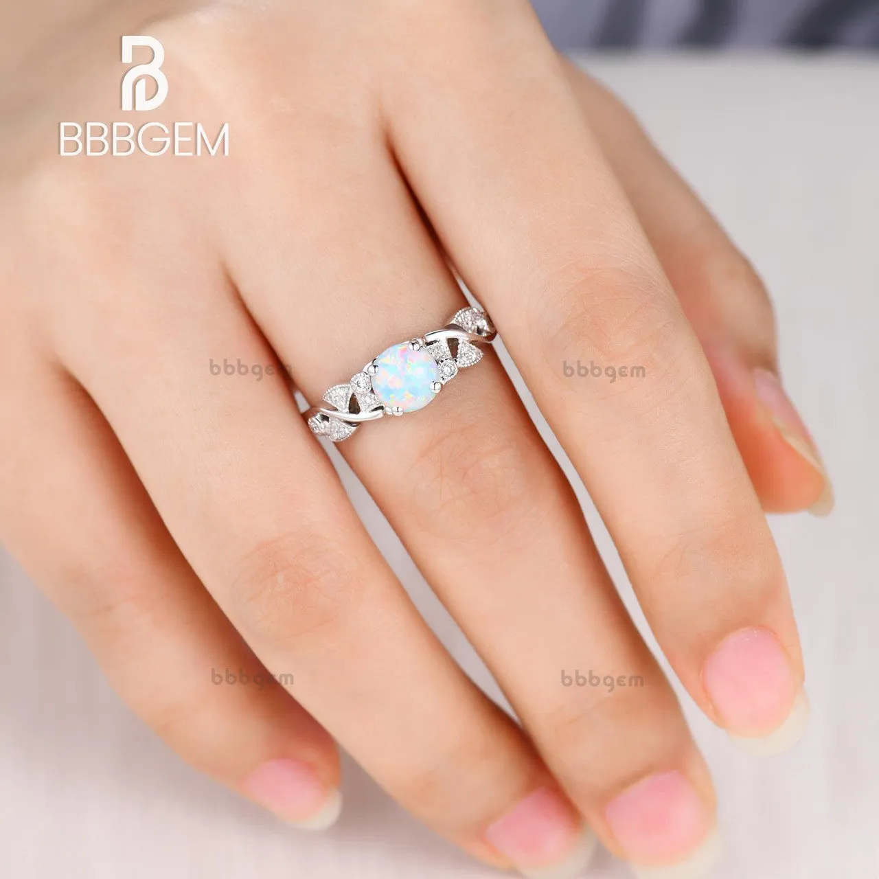 Opal Engagement Ring 14k 18k Rose Gold Round Cut Antique Art Deco Wedding Ring Milgrain Anniversary Gift Women Set