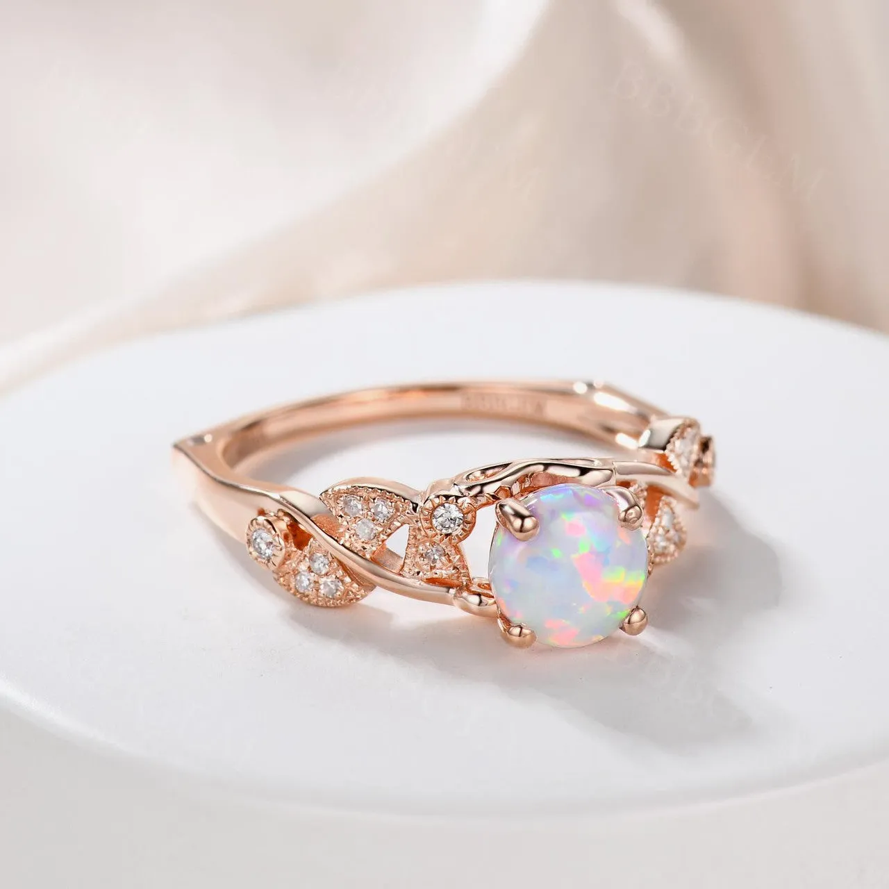 Opal Engagement Ring 14k 18k Rose Gold Round Cut Antique Art Deco Wedding Ring Milgrain Anniversary Gift Women Set